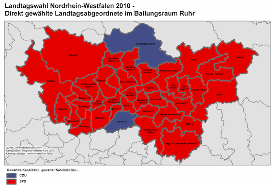 Erststimmen Landtagswahl 2010 im Bereich des Regionalverbandes Ruhr (RVR)