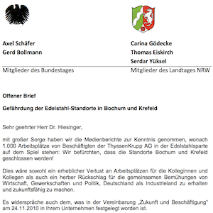 Offener Brief der Bochumer MdBs und MdLs an ThyssenKrypp